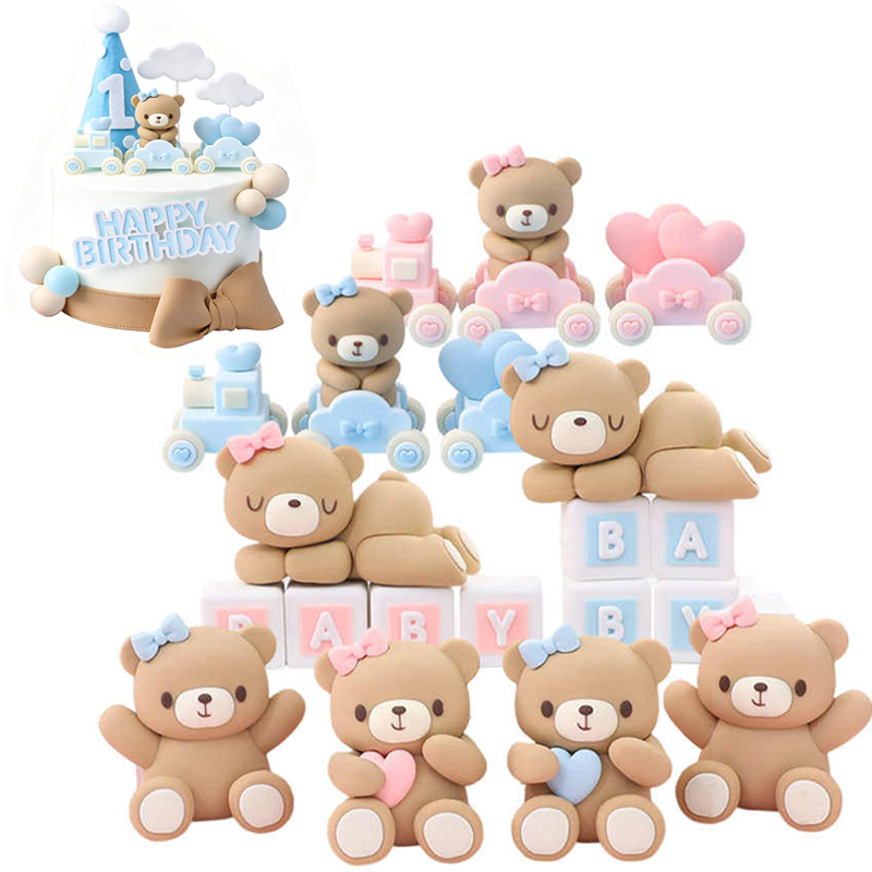 Resin Art Baby - 3D Pembe Mavi Ayı Pasta Süsü